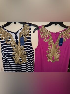 crown & ivy Navy Stripe and Fuchsia Tank Dresses with Gold Embellishment